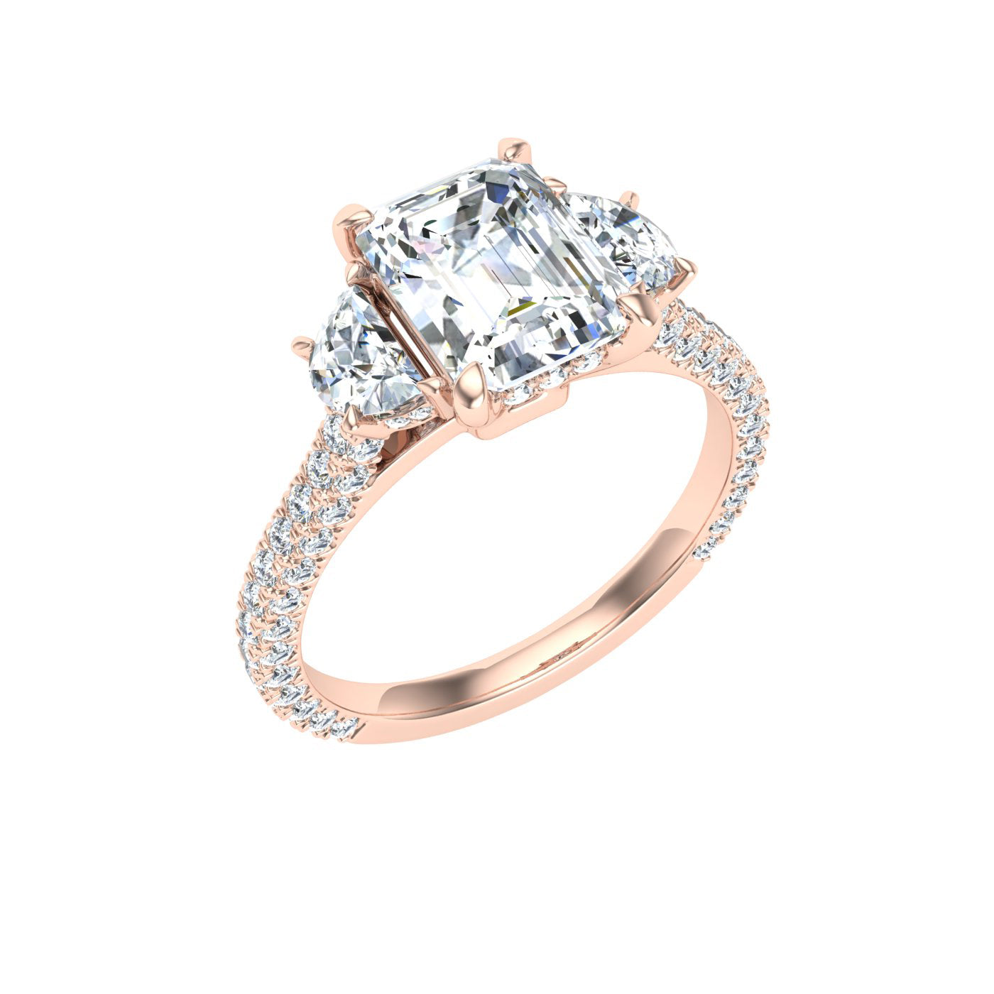 Flare Emerald 3 Stone Moissanite Engagement Ring White Gold